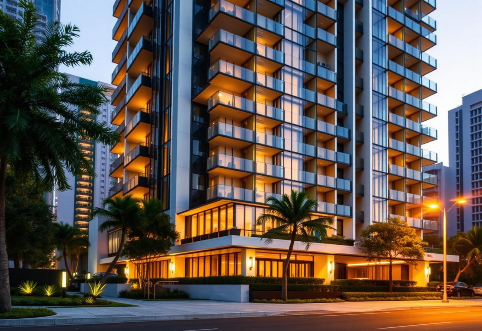 Condomínio residencial moderno com áreas comuns bem cuidadas